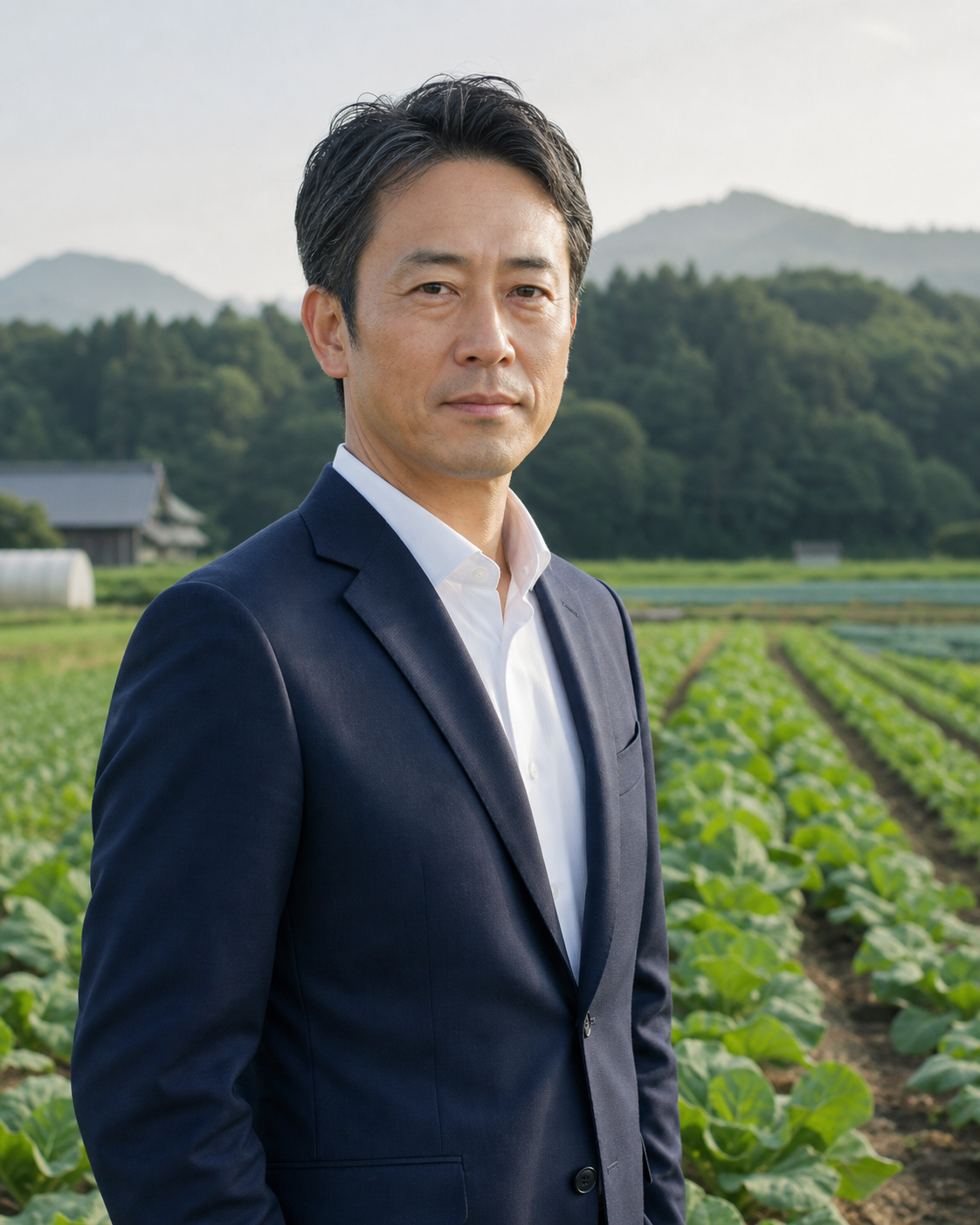 農場に立つスーツ姿の男性（代表者イメージ）