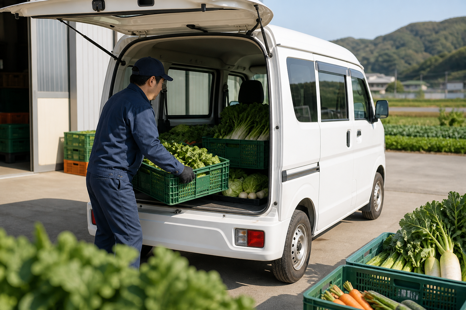 軽貨物車へ新鮮な野菜を積み込む配送作業