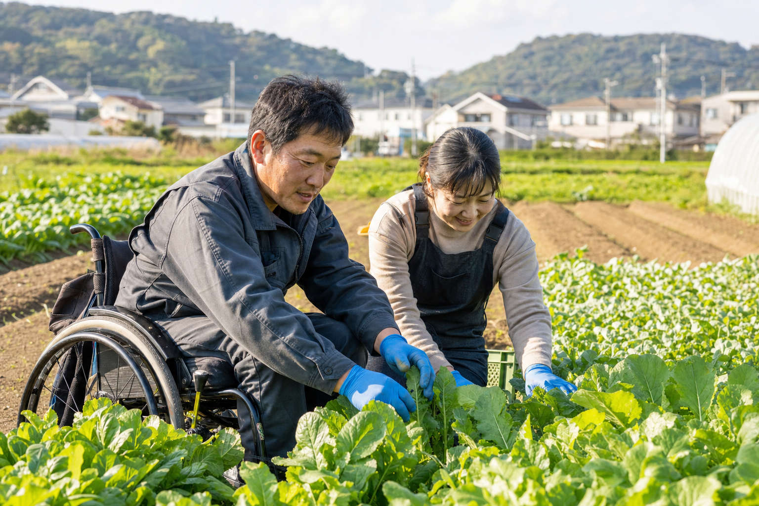 農場で協力して作業する車いす利用者と支援者